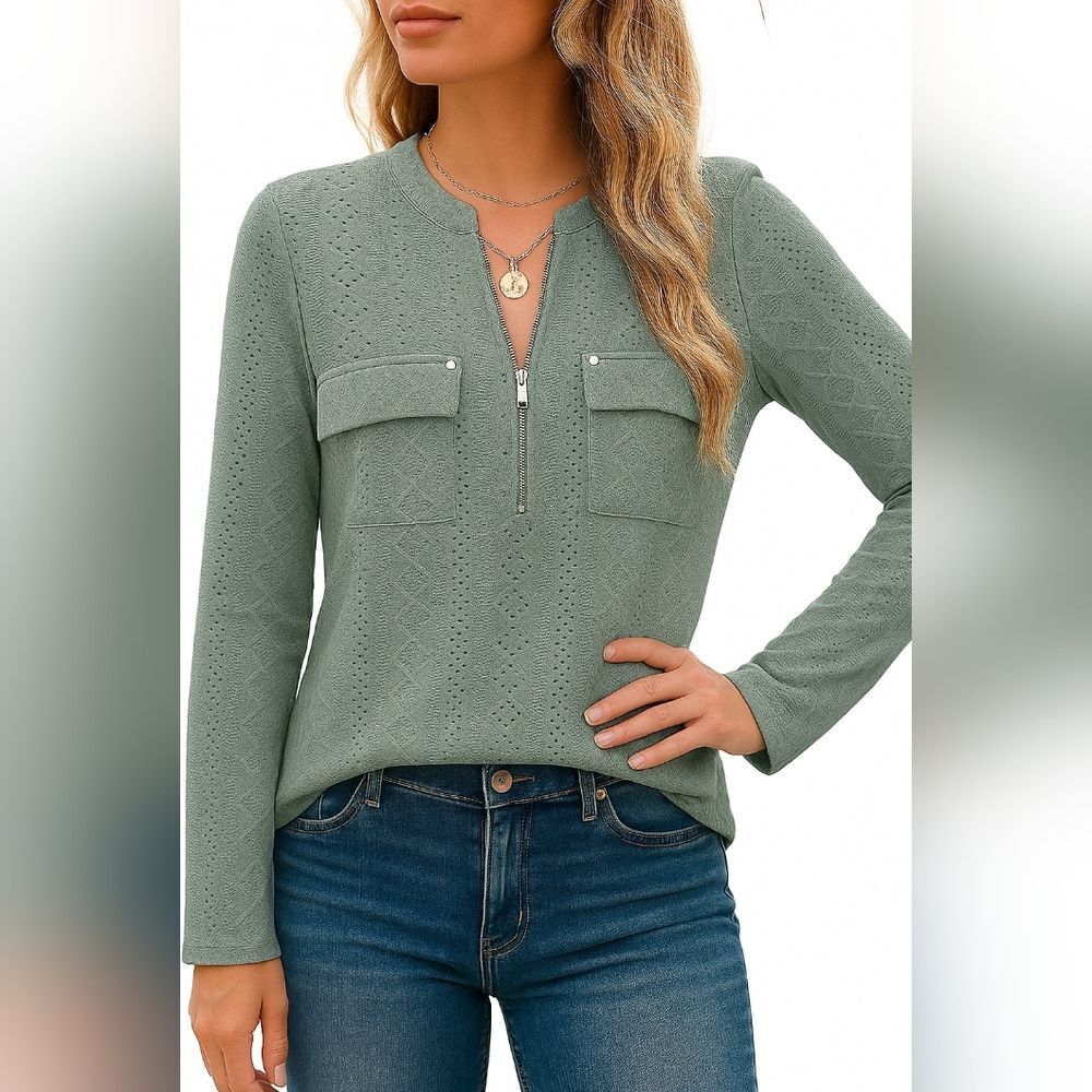 NEW Bulotus Sage Green Eyelet Lace Blouse Top Quarter Zip Cottage Gypsy Medium